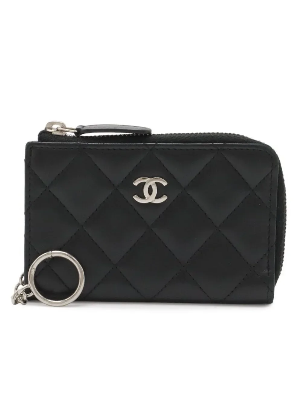 Chanel Quilted CC Logo Coin Purse L-Shaped Zipper Lamb Black Silver Key Ring